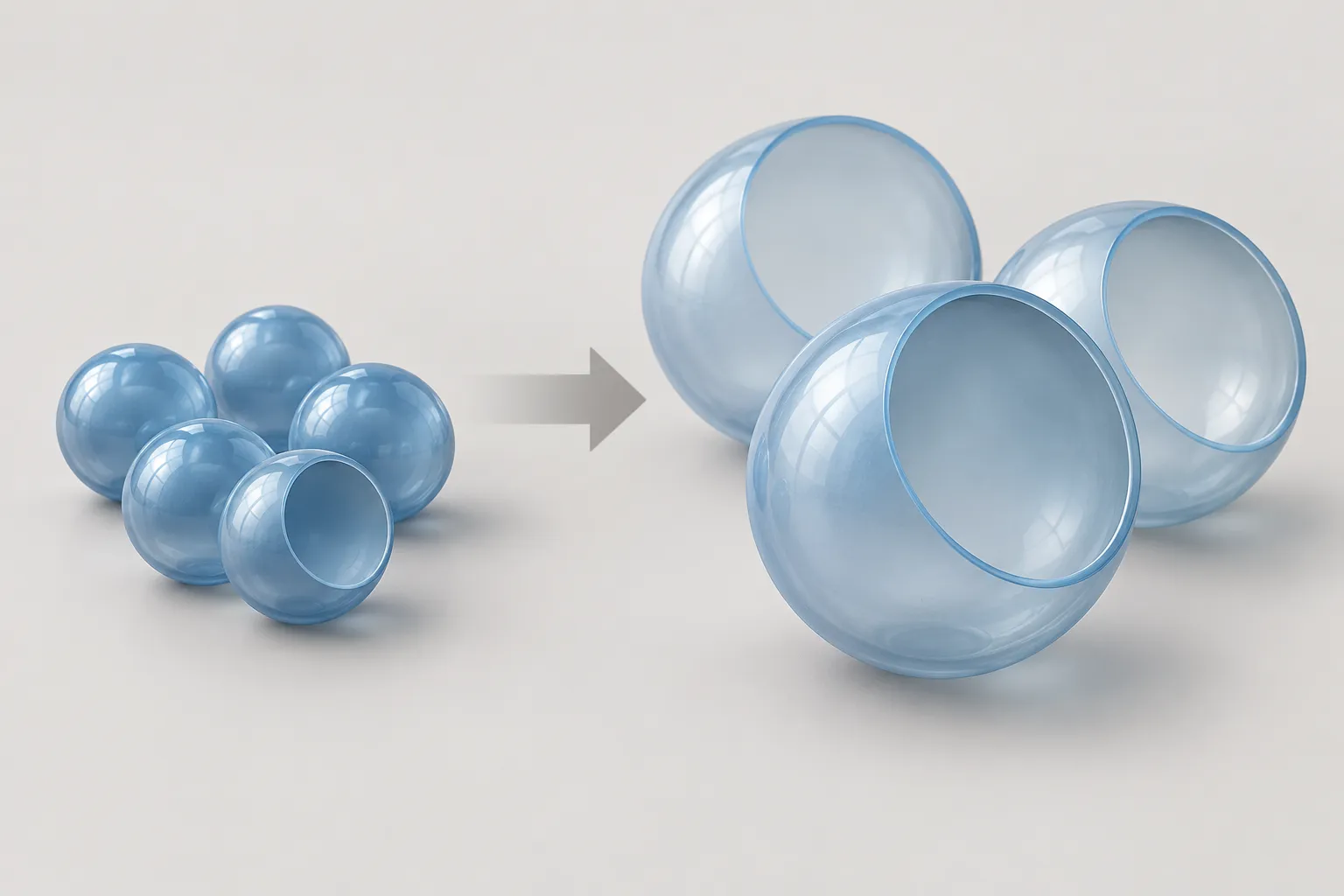 Conceptual unexpanded and expanded hollow thermoplastic microspheres; not to scale or an actual microscope image.