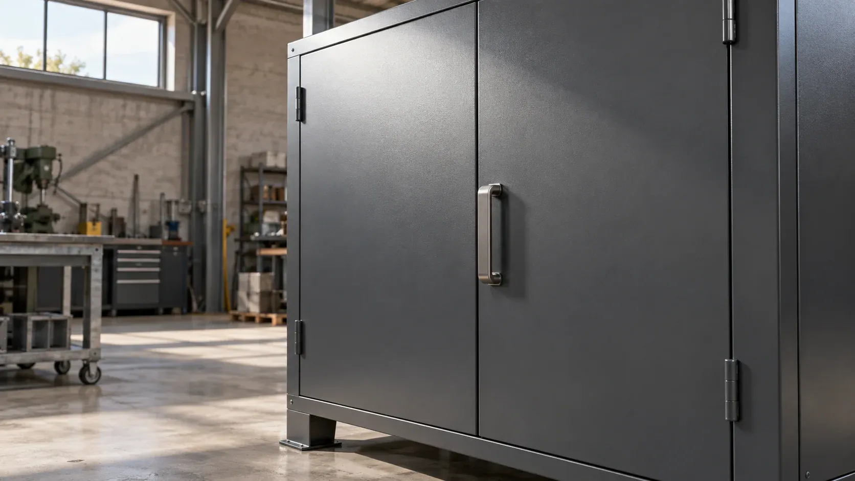 Illustrative charcoal-grey coated industrial enclosure doors under soft workshop lighting