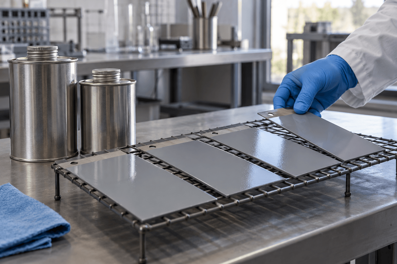 Illustrative epoxy coating trial panels beside closed resin and hardener containers