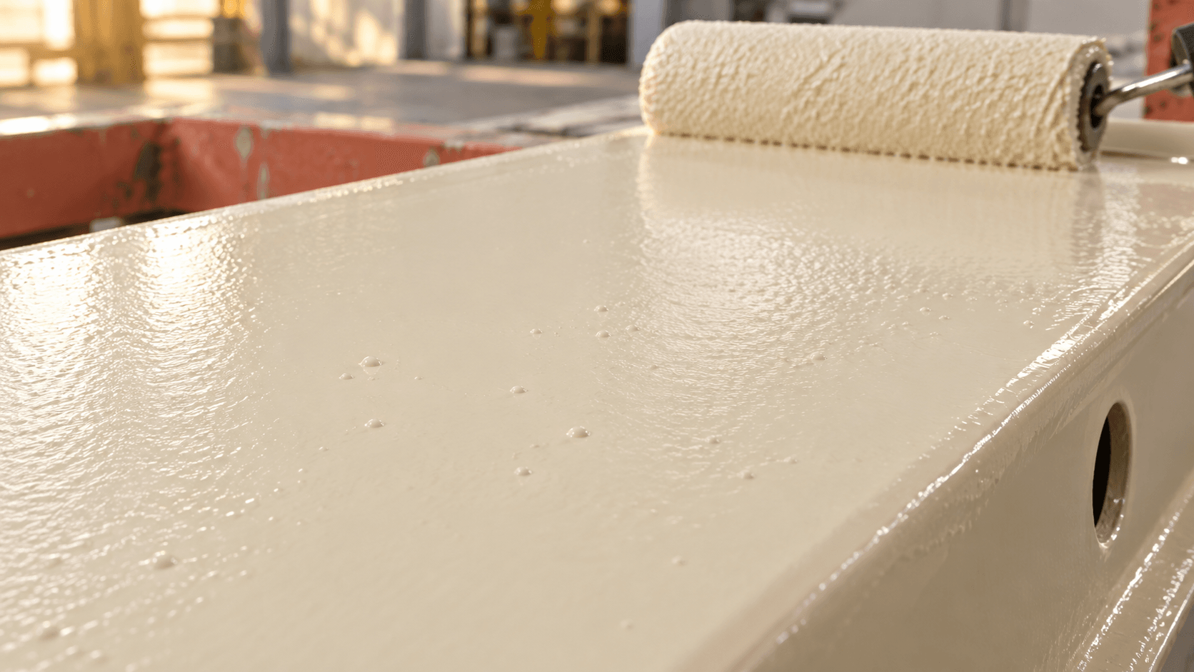 Illustrative close view of small air bubbles in freshly roller-applied industrial coating