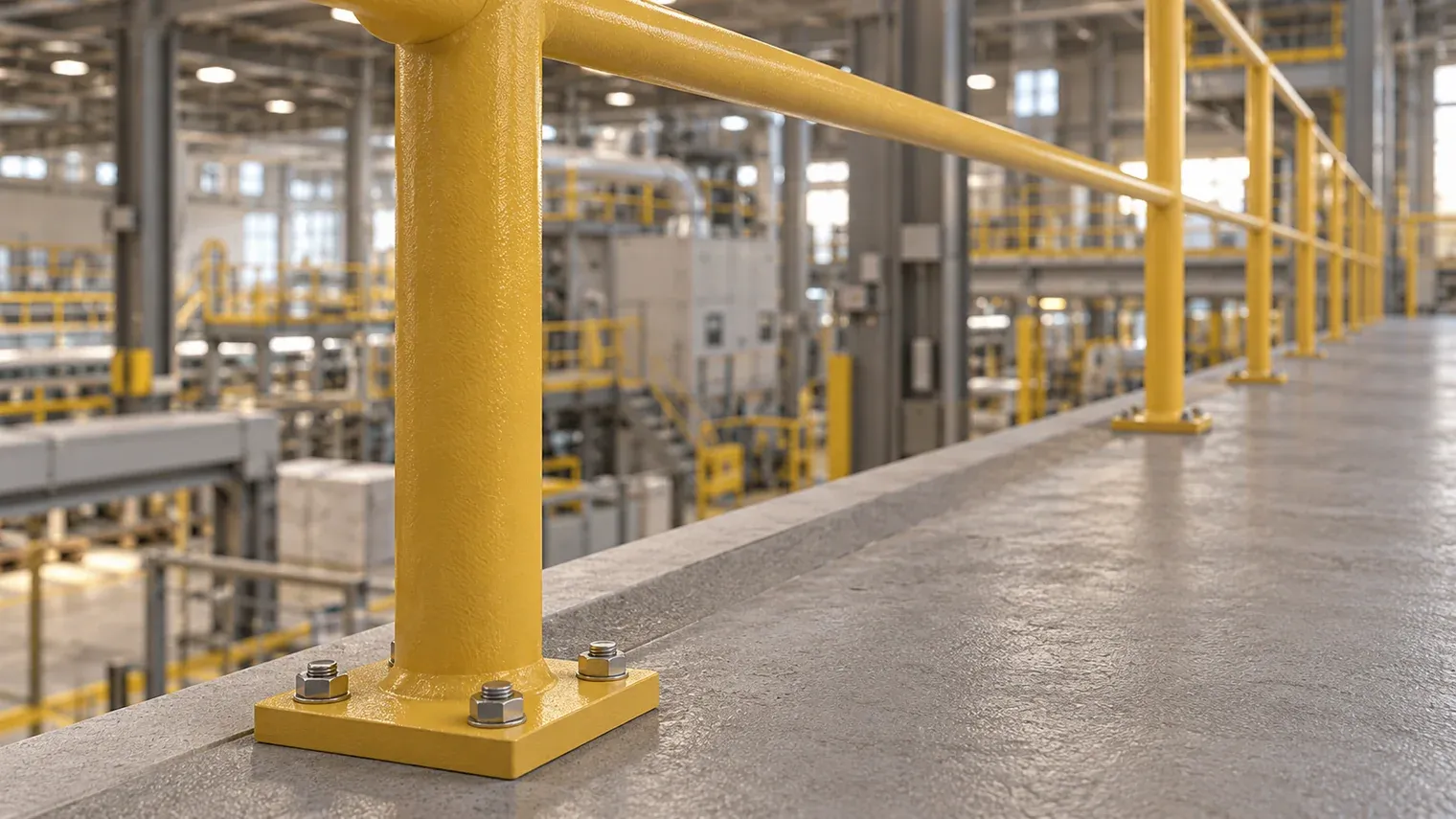 Representative yellow-coated steel safety handrail and bolted base on an industrial walkway