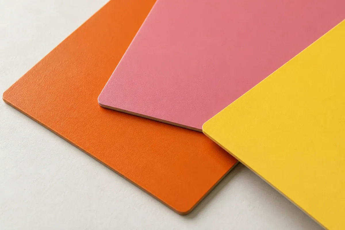 Conceptual unlabelled orange, pink and yellow coating panels under daylight, not measured pigment results