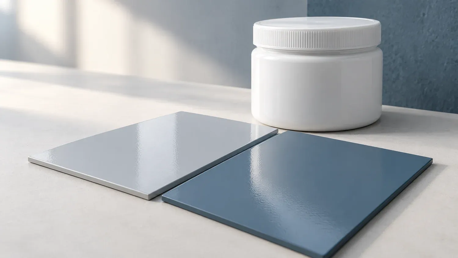 Conceptual grey coating panels beside an unlabelled white dispersion container