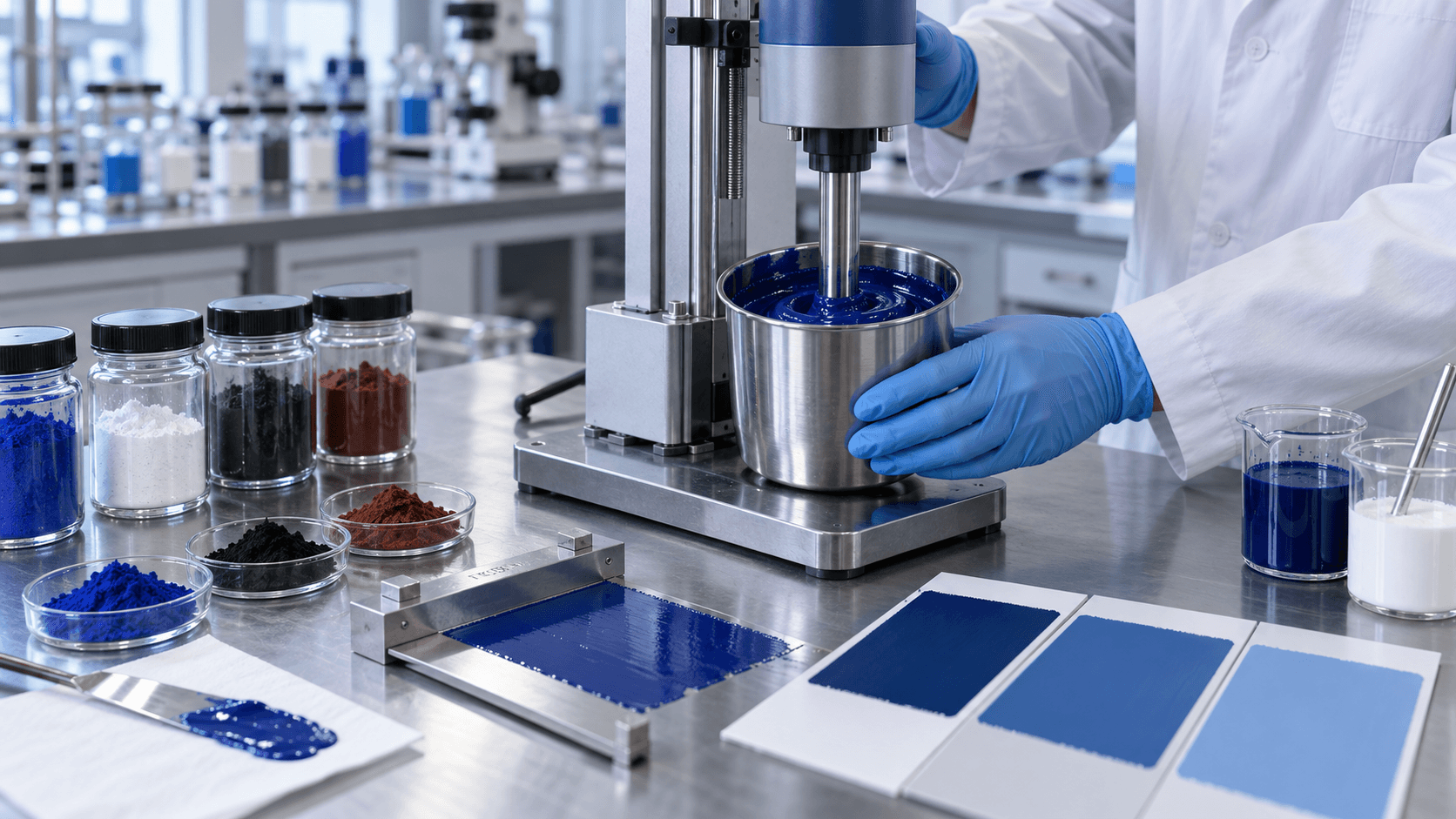 Illustration of pigment dispersion trials in an industrial coatings laboratory