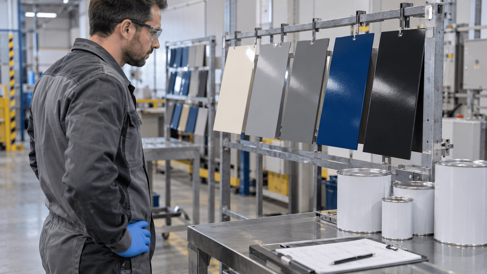 Representative coated metal test panels, coating containers and application documentation